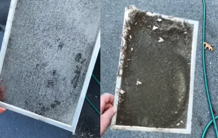 HRV maintenance demonstration comparing dirty and clean filters alongside a heat exchange core