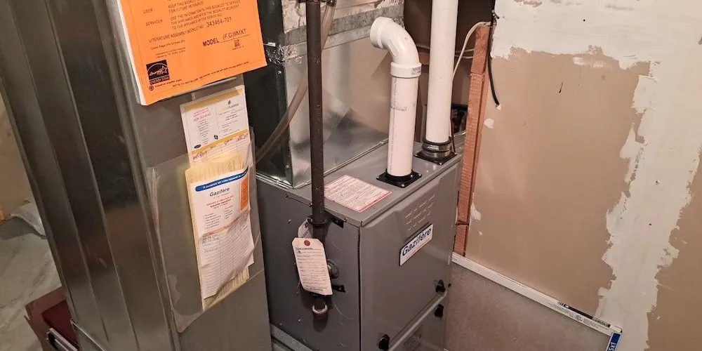 A wide shot of the furnace installation in a utility room. The unit is connected to metal ductwork and white PVC venting pipes. Yellow and orange service manuals are attached to the side.