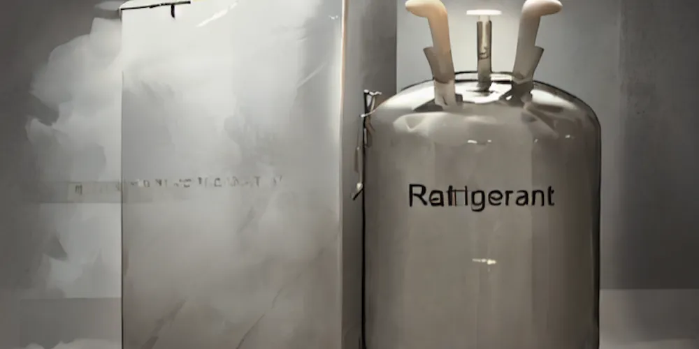 A stylized illustration of a silver refrigerant cylinder with the word "Refrigerant" printed on the side, positioned next to a rectangular metal unit with white vapor or mist around it.