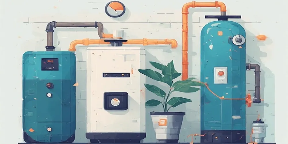A minimalist digital illustration of three different utility tanks (teal and white) against a white brick wall, featuring orange pipes and a green potted plant in the center.